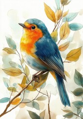 Fototapeta premium A detailed watercolor painting of a small bird with vibrant orange chest and blue feathers perched on a branch with autumn-colored leaves