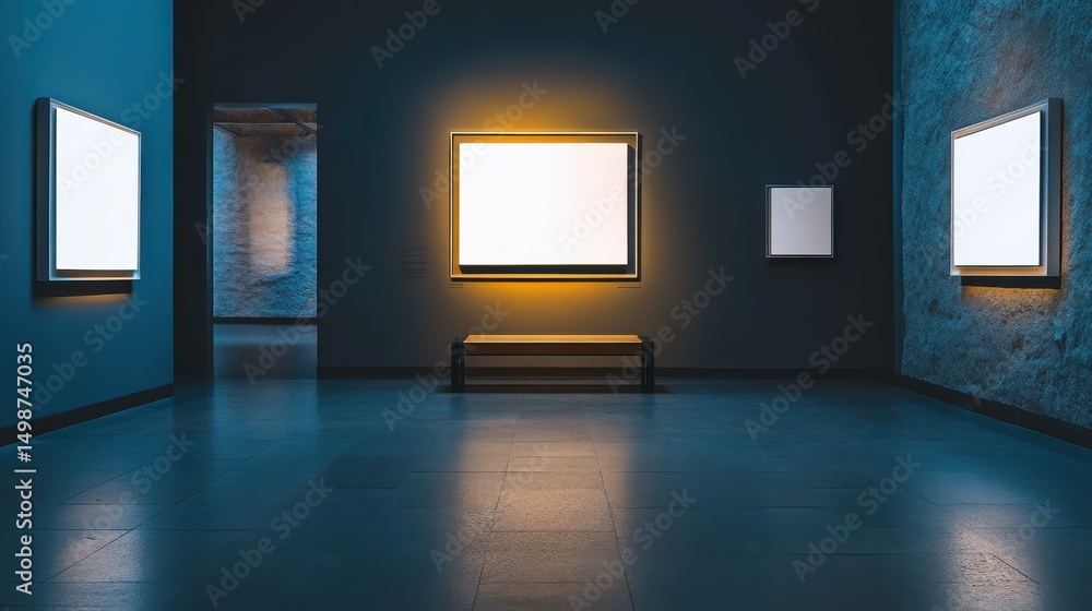 Poster empty museum hall with blank frames and bench for art showcase. use for displaying your art or provi