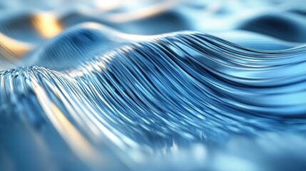 Close-up of smooth, flowing metallic waves reflecting light with blue and golden hues, creating a calm and fluid visual effect