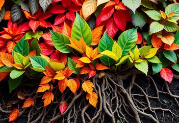 Stylized stock chart overlaid with vibrant leaves and intertwining roots, bar graph, green