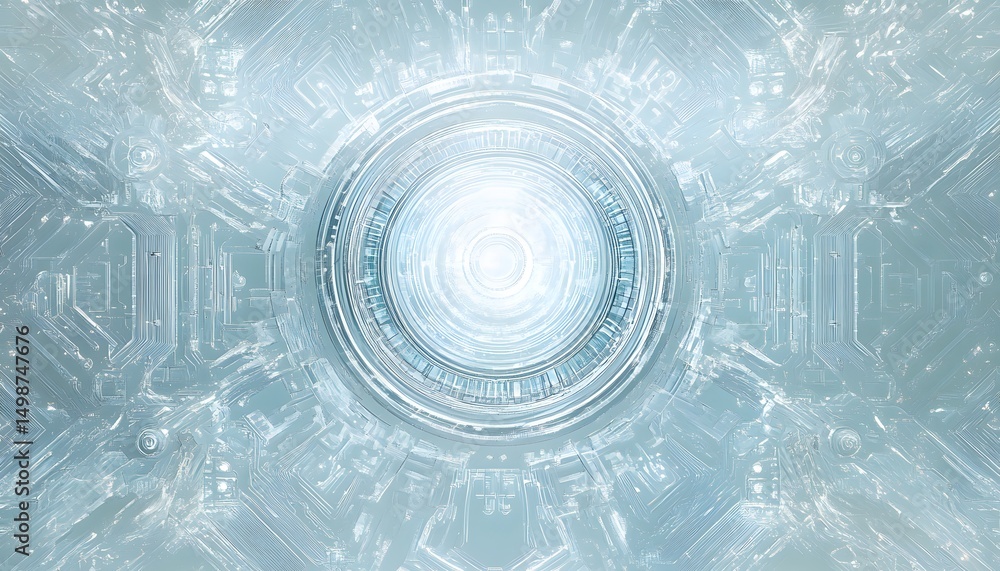 Poster intricate, light-blue, technological design with circular patterns.