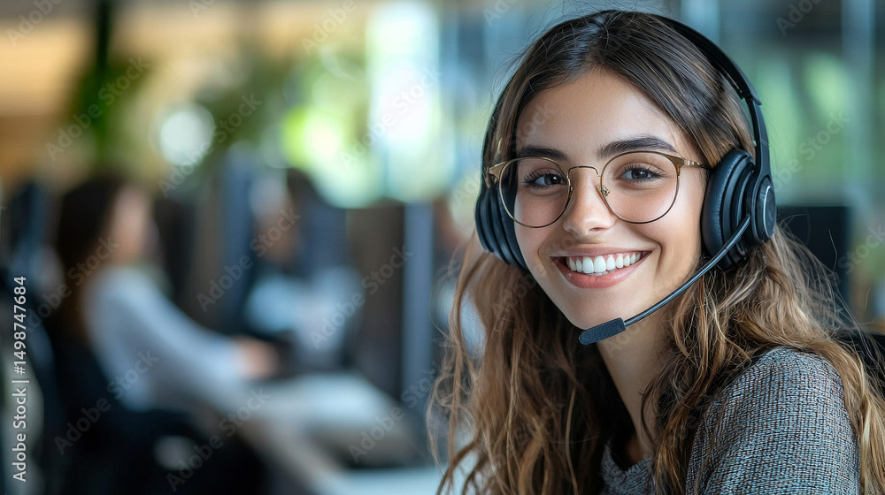Poster friendly call center agent with headset smiling while working in a modern office