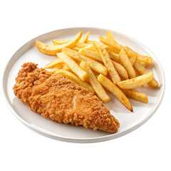 Fried fish and chips, a classic meal of cooked fish with potato fries, served on a white plate