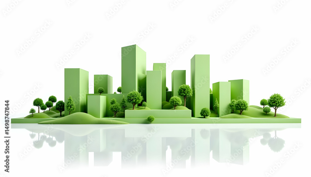 Poster green architectural model on pure white background for design concepts