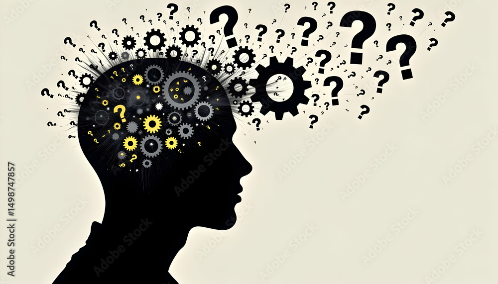 Aufkleber intellectual overload with gears and questions in silhouette form