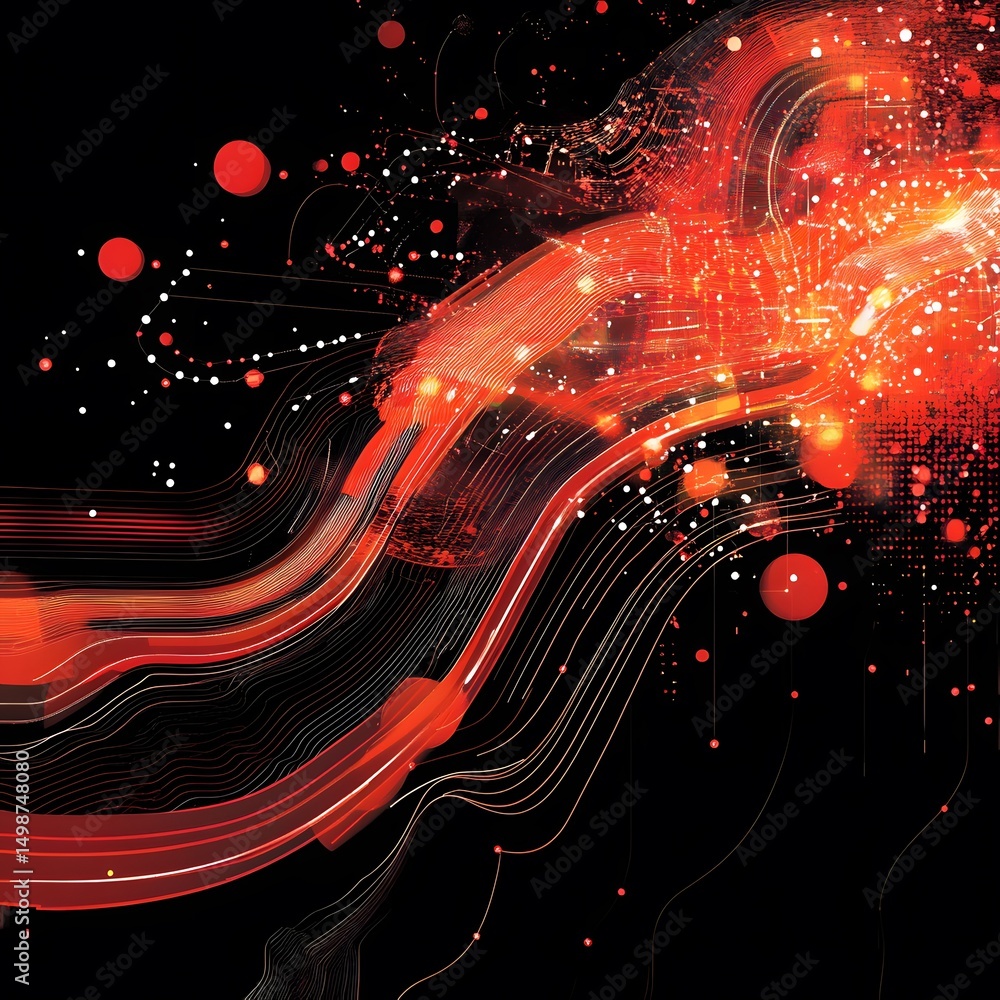 Poster abstract design with dynamic red lines and dots.