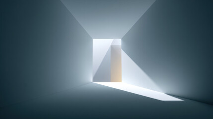 Obraz premium Minimalist interior with bright open doorway casting light and shadows, creating sense of space and calmness, emphasizing simplicity and modern design