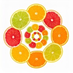 Fototapeta premium Vibrant Citrus Slices Arranged in Spiral Pattern with Water Droplets on Isolated White Background