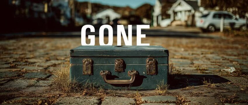 Old suitcase left on cracked pavement in a suburban street, with the word 'GONE' behind it in bold text, shot using a static camera with shallow depth of field.