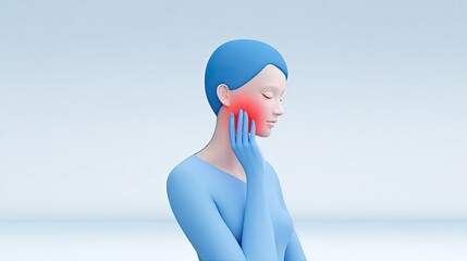 Abstract 3D Cartoon Character with Toothache Holding Jaw and Highlighted Red Cheek in Medical Illustration on White Gradient Background