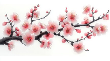 Delicate pink cherry blossoms with vibrant yellow stamens on dark branches against a soft white background creating a peaceful and gentle mood