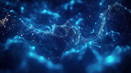 Abstract digital network of glowing connected nodes and lines forming a dynamic web in a dark blue space
