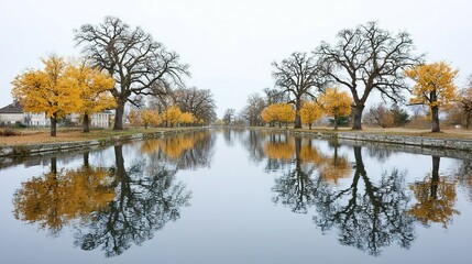 Obraz premium Autumnal trees reflected in a calm canal.