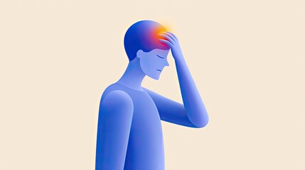 3D Abstract Character Holding Head with Red Forehead Highlight Indicating Headache in Medical Health Concept Illustration on Clean Gradient Background