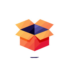 Open cardboard box with colorful geometric design on white background  