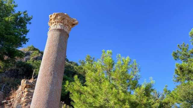 Ruins of the ancient Roman port city of Siedra in Alanya, Antalya, Turkey. The street and ruins of the ancient abandoned ancient city of Siedra on the Mediterranean coast. 4К