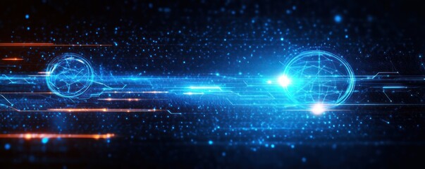 Futuristic digital network with glowing blue and orange lines connecting spherical nodes in a dark space filled with scattered light particles