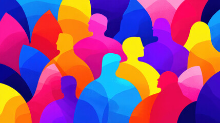 Colorful abstract silhouettes of diverse people overlapping, representing unity and diversity in vibrant, lively scene with bright hues and dynamic shapes