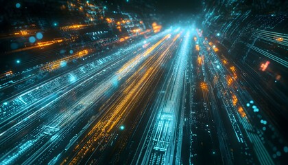 Digital network pathways of luminous data streams.