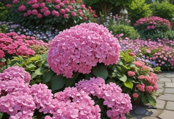 Large pink hydrangea surrounded by colorful annuals and garden ornaments , bud, macro, beautiful