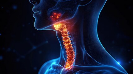 3D medical illustration showing a semi-transparent human neck with highlighted spine and throat area glowing in orange and red tones against a dark blue background