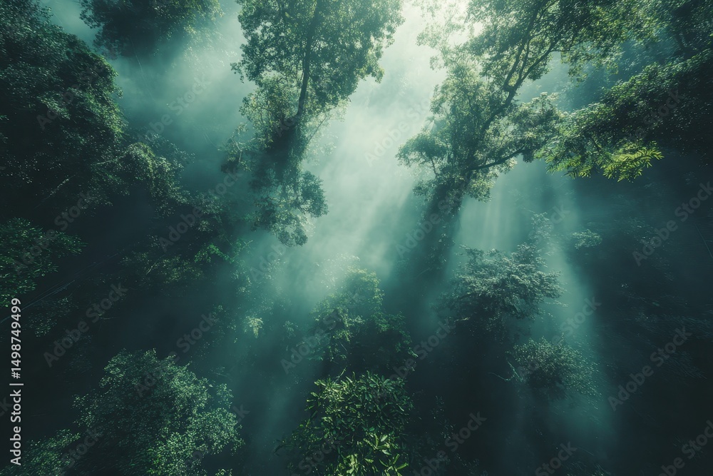 Poster sunlight streams through mist and treetops in this atmospheric forest scene. use it for nature blogs