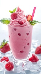 Strawberry Smoothie in Glass with Strawberries and Ice Cubes on white background