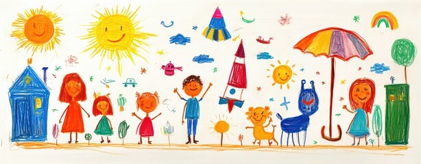 Colorful children's drawing showing happy people, two smiling suns, rockets, animals, umbrellas, trees, and a rainbow under a bright sky