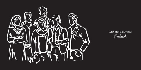 Group of Arabic friends, sketch, hand-drawn, drawing design.
