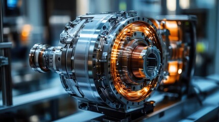 Close-up of a complex industrial electric motor or generator with glowing copper coils and metallic mechanical components in a high-tech manufacturing setting