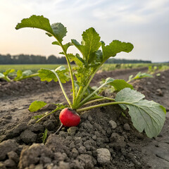 Radish plant growing in loose soil with a visible red bulb and green leaves.