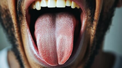 Close-up of a man showing his tongue, concept of bad breath and oral hygiene