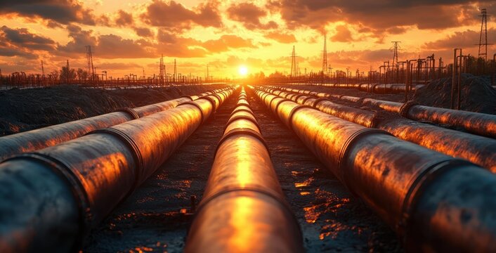 Industrial pipelines under a dramatic sunset with glowing orange light reflecting on metal surfaces and electricity pylons visible in the background