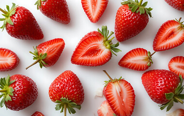 Fresh strawberries halved and arranged neatly on a white surface, top-down view.