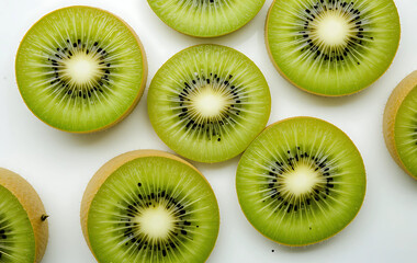 Fototapeta premium Sliced fresh kiwi fruit on a pure white background, top-down view, high detail.
