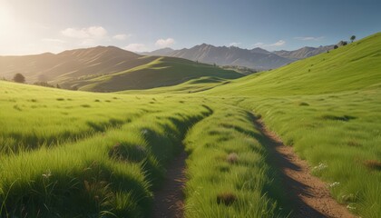 Sunlit, rolling green hills with vibrant grass blades ,  green,  elevation
