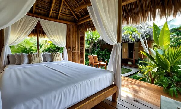 Luxurious outdoor bedroom with a four-poster bed, white sheer curtains, and wooden flooring, nestled amidst lush tropical greenery and a tranquil patio