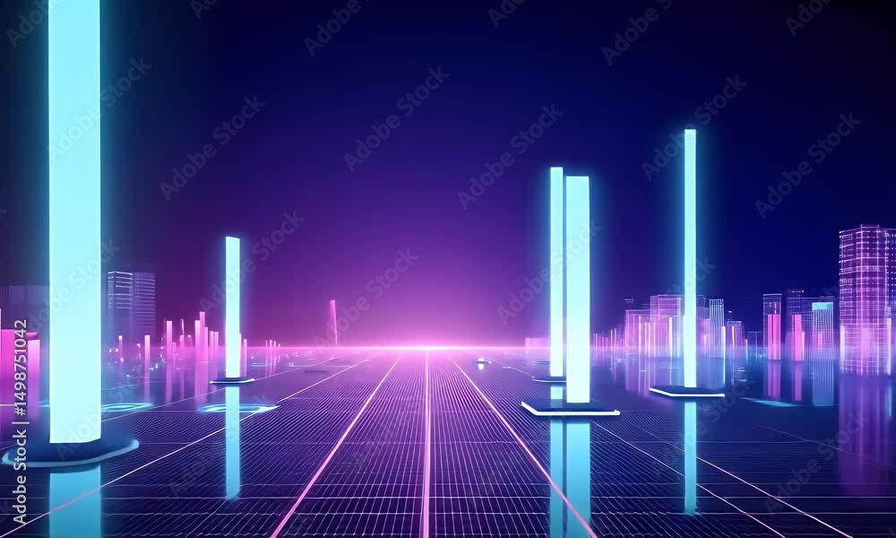 Poster a cityscape with digital data streams and bar graphs, representing the concept of real-time stock ma