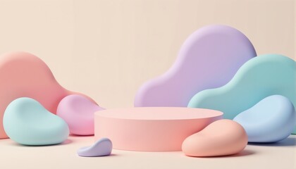 Podium stage for product advertising. Colorful abstract sculpture of pink, blue and purple pastel colors.