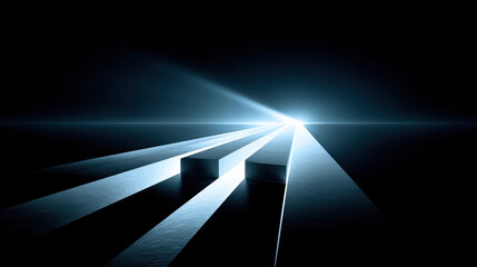Futuristic abstract image of illuminated pathways converging towards bright light in dark space, symbolizing progress, innovation, and direction. scene evokes sense of hope and forward movement