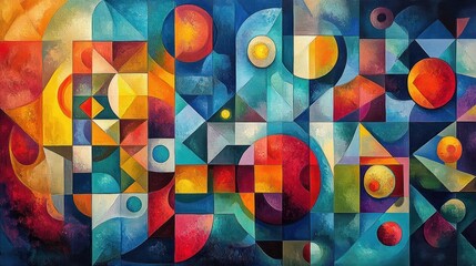 Colorful abstract geometric composition with circles, triangles, and squares creating a vibrant, dynamic visual filled with warm reds, oranges, and cool blues and greens