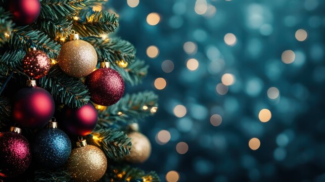 Christmas tree with colorful ornaments and glowing lights in a cozy living room, with presents under the tree and a warm, festive atmosphere filling the space. - Powered by Adobe