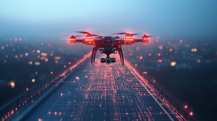 3D drone inspecting bridge with laser scanning, futuristic technology and clean lines, ideal for engineering and infrastructure projects.