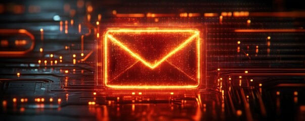 Glowing digital envelope icon representing electronic mail on a cyber circuit board with bright orange light effects and futuristic technology theme