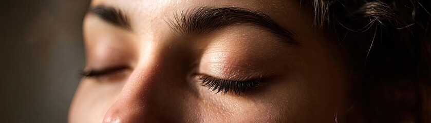 Mindfulness practice through meditation with peace and balance concept. A close-up of closed eyes, symbolizing calm and inner peace.