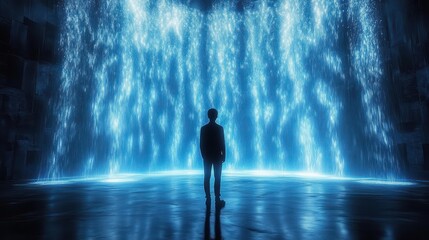 Obraz premium Silhouette of a person standing in front of a large, glowing blue waterfall in a dark, reflective indoor space, evoking awe and contemplation