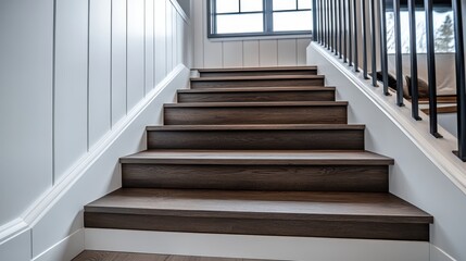 Stylish staircase has dark wood steps and white paneled walls. Great for interior design or home improvement projects.