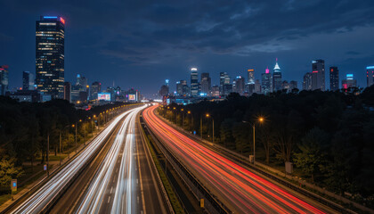 Fototapeta premium City Traffic At Night With Illuminated Buildings And Light Trails On Highway 