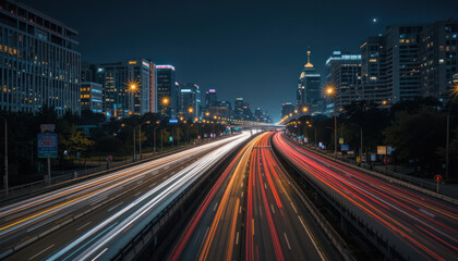 Obraz premium City Traffic At Night With Illuminated Buildings And Light Trails On Highway 