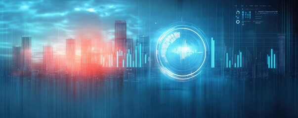 Futuristic city skyline with digital data visualization and glowing circular interface at sunset emitting blue and red light